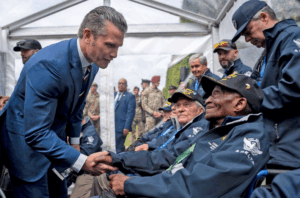 Secretary of War Pete Hegseth meets with World War II veterans in Normandy, France, on the 81st Anniversary of D-Day. These American heroes exemplify the warrior ethos at the heart of the U.S. military.