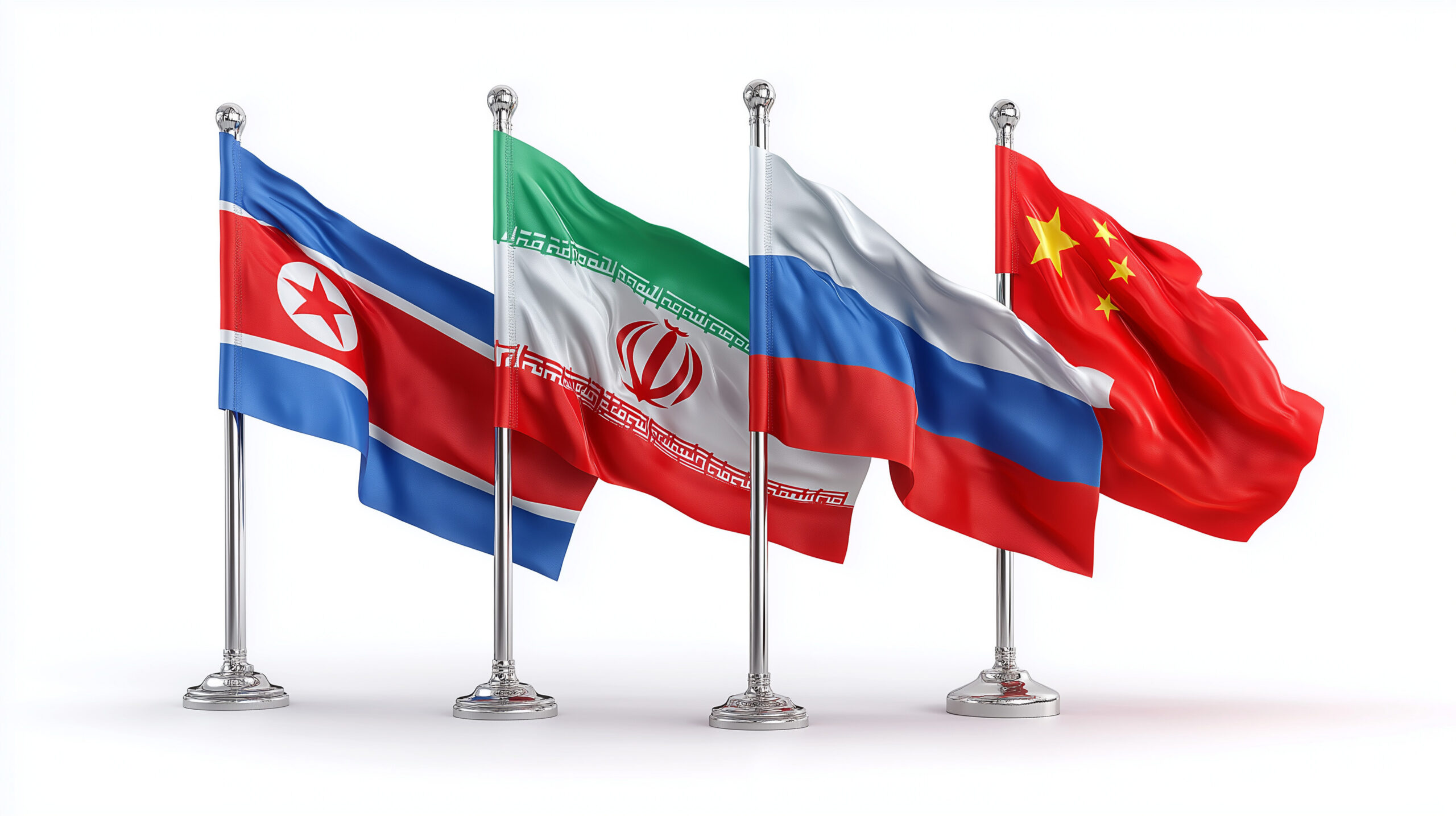Russian Flag, North Korean Flag, Iranian Flag, and Chinese Flag lined in a row waving in the wind.