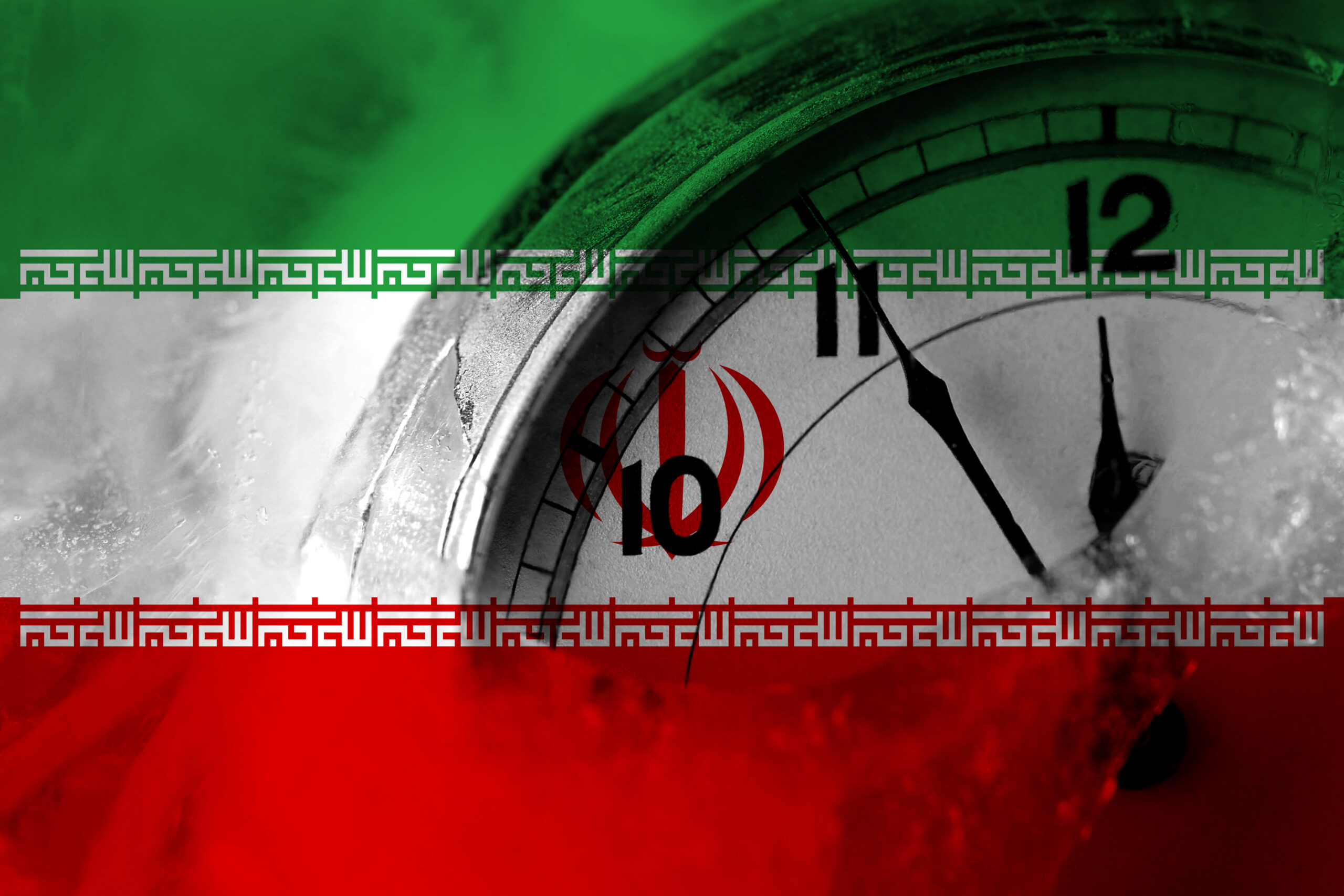 Iranian flag with a black clock superimposed on the right side.