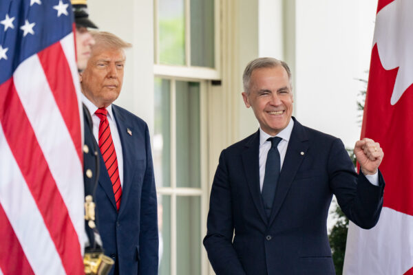 President Donald Trump greets Prime Minister Mark Carney of Canada on May 6, 2025, at the West Wing entrance of the White House. (White House photo by Gabriel B. Kotico)